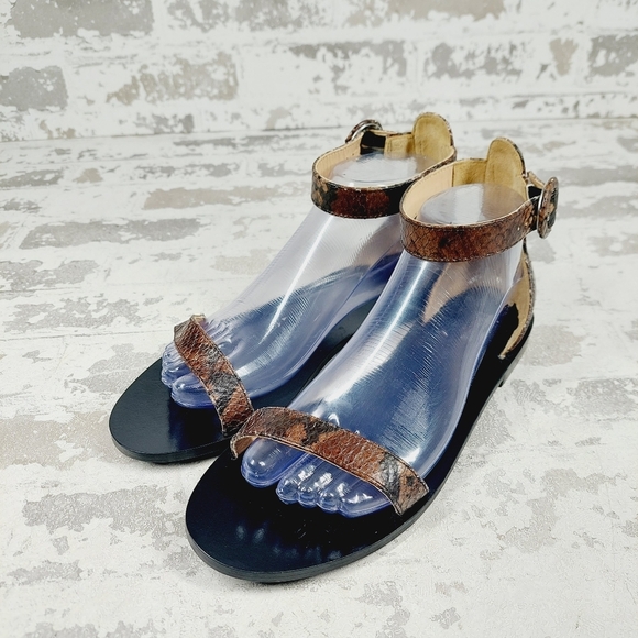 New L'agence Brown Snakeskin Ankle Strap Leather Flat Sandals H 573 - Picture 2 of 11